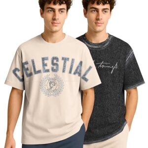 BULLMER Trendy Half Sleeve Oversized Cotton Blend Crew Neck Tshirt for Men - Pack of 2